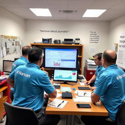 Five male journalists wearing sky blue shirts with the Narvan logo are gathered around a table in a news office