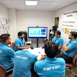 Five male journalists wearing sky blue shirts with the Narvan logo are gathered around a table in a news office