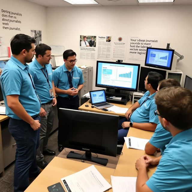 Five male journalists wearing sky blue shirts with the Narvan logo are gathered around a table in a news office