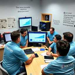 Five male journalists wearing sky blue shirts with the Narvan logo are gathered around a table in a news office