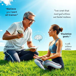 A focused mental trainer guiding an athlete in a serene sports training environment