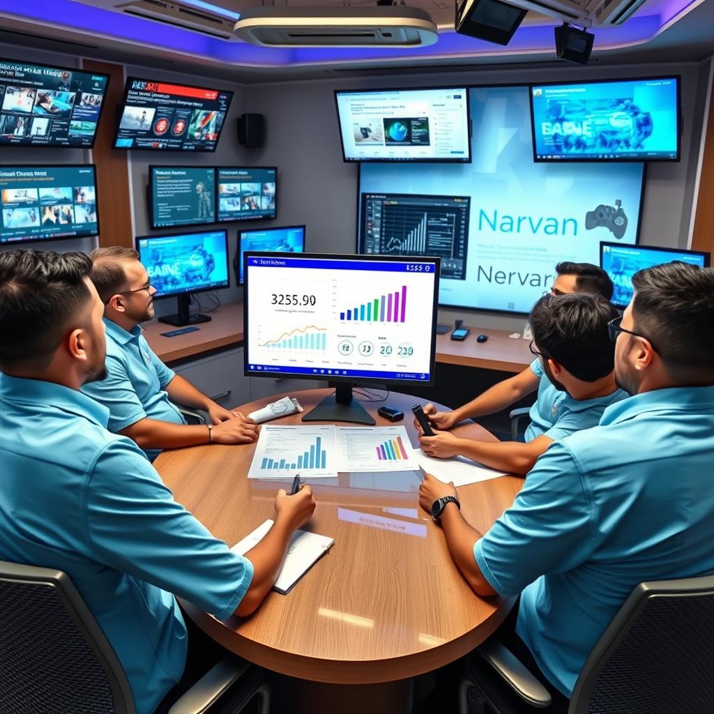 Five male journalists wearing sky blue shirts with the Narvan logo are seated around a table in a news office