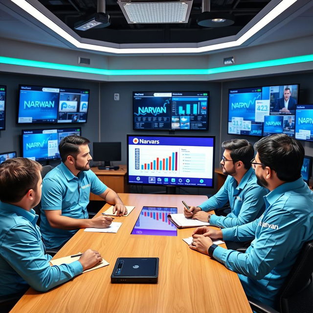 Five male journalists wearing sky blue shirts with the Narvan logo are seated around a table in a news office