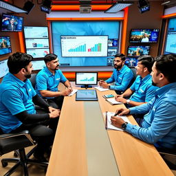 Five male journalists wearing sky blue shirts with the Narvan logo are seated around a table in a news office