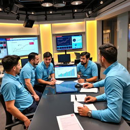 Five male journalists wearing sky blue shirts with the Narvan logo are seated around a table in a news office