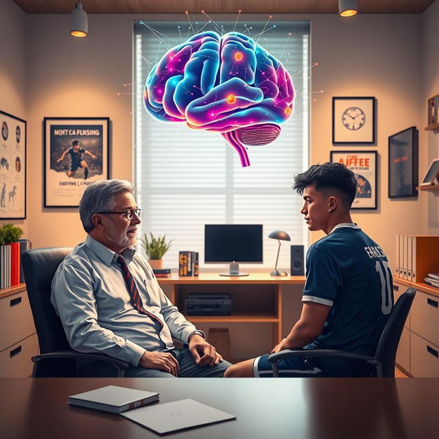 A captivating scene illustrating a psychologist in a modern office setting, engaged in a consultation with a focused soccer player