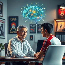 A captivating scene illustrating a psychologist in a modern office setting, engaged in a consultation with a focused soccer player