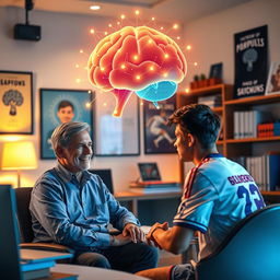 A captivating scene illustrating a psychologist in a modern office setting, engaged in a consultation with a focused soccer player