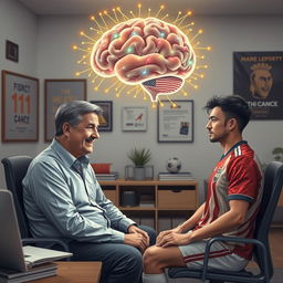 A captivating scene illustrating a psychologist in a modern office setting, engaged in a consultation with a focused soccer player