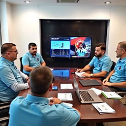 Five Iranian male journalists sitting around a table in a news office, wearing sky blue shirts with the logo of Narvan
