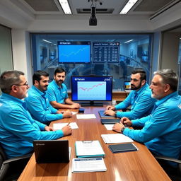 Five Iranian male journalists sitting around a table in a news office, wearing sky blue shirts with the logo of Narvan