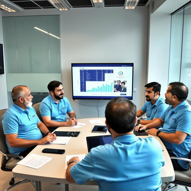 Five Iranian male journalists sitting around a table in a news office, wearing sky blue shirts with the logo of Narvan