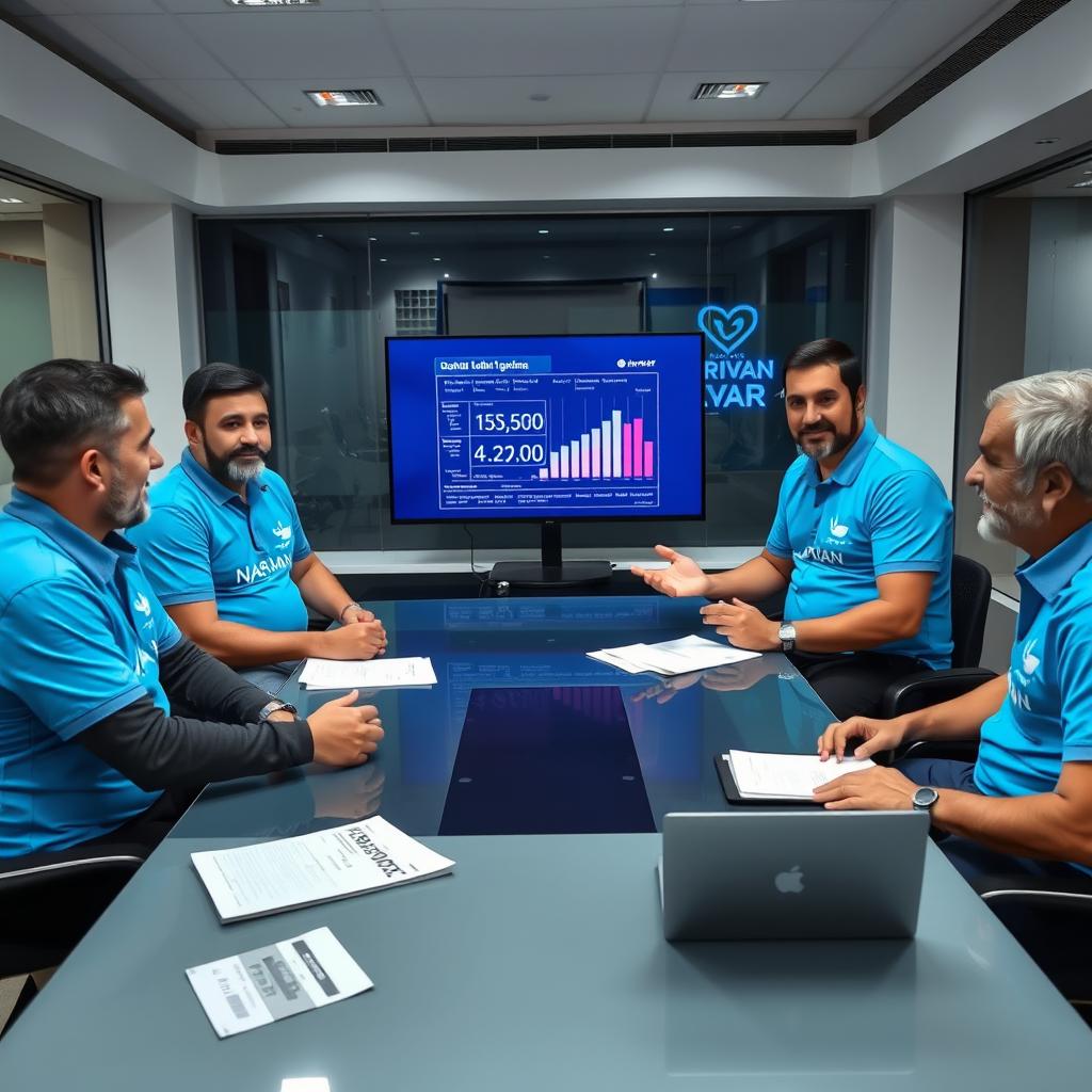 Five Iranian male journalists sitting around a table in a news office, wearing sky blue shirts with the logo of Narvan