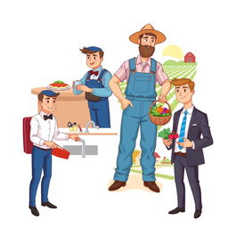 An inviting and dynamic illustration that features four distinct characters representing different professions: a waiter, a plumber, a farmer, and a salesman