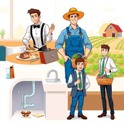An inviting and dynamic illustration that features four distinct characters representing different professions: a waiter, a plumber, a farmer, and a salesman