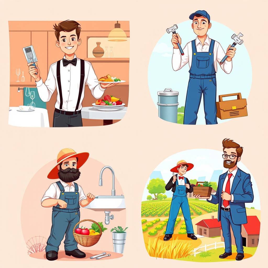 An inviting and dynamic illustration that features four distinct characters representing different professions: a waiter, a plumber, a farmer, and a salesman
