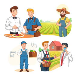 An inviting and dynamic illustration that features four distinct characters representing different professions: a waiter, a plumber, a farmer, and a salesman
