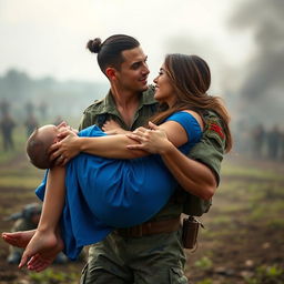 A photograph of a strong, fit 25-year-old woman with a heavy chest, effortlessly carrying a taller, muscular 30-year-old man in her arms like a baby