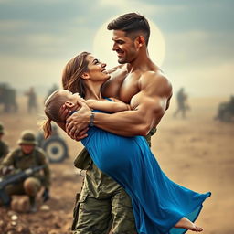 A photograph of a strong, fit 25-year-old woman with a heavy chest, effortlessly carrying a taller, muscular 30-year-old man in her arms like a baby