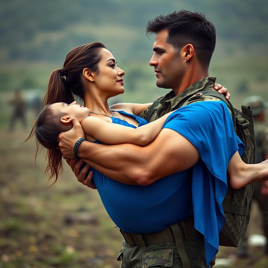 A photograph of a strong, fit 25-year-old woman with a heavy chest, effortlessly carrying a taller, muscular 30-year-old man in her arms like a baby