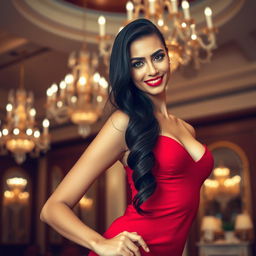 A beautiful and enchanting woman with a captivating smile, wearing a stunning, form-fitting red dress that accentuates her curves