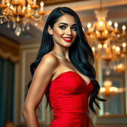 A beautiful and enchanting woman with a captivating smile, wearing a stunning, form-fitting red dress that accentuates her curves