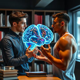 A young psychologist engaging in a dynamic conversation with an athlete, both deeply focused on the intricate connections within a transparent 3D model of a human brain