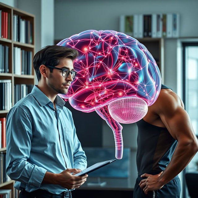 A young psychologist engaging in a dynamic conversation with an athlete, both deeply focused on the intricate connections within a transparent 3D model of a human brain