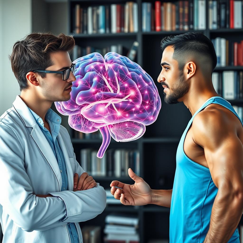 A young psychologist engaging in a dynamic conversation with an athlete, both deeply focused on the intricate connections within a transparent 3D model of a human brain