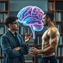 A young psychologist engaging in a dynamic conversation with an athlete, both deeply focused on the intricate connections within a transparent 3D model of a human brain