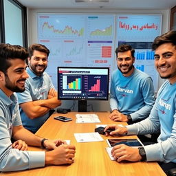 Five young Iranian male journalists with diverse, cheerful faces, wearing sky blue shirts featuring the Narvan logo, gathered around a table in a news office in Iran