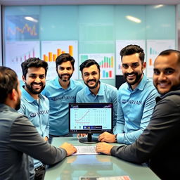 Five young Iranian male journalists with diverse, cheerful faces, wearing sky blue shirts featuring the Narvan logo, gathered around a table in a news office in Iran