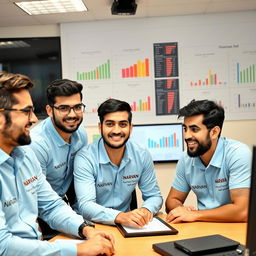 Five young Iranian male journalists with diverse, cheerful faces, wearing sky blue shirts featuring the Narvan logo, gathered around a table in a news office in Iran