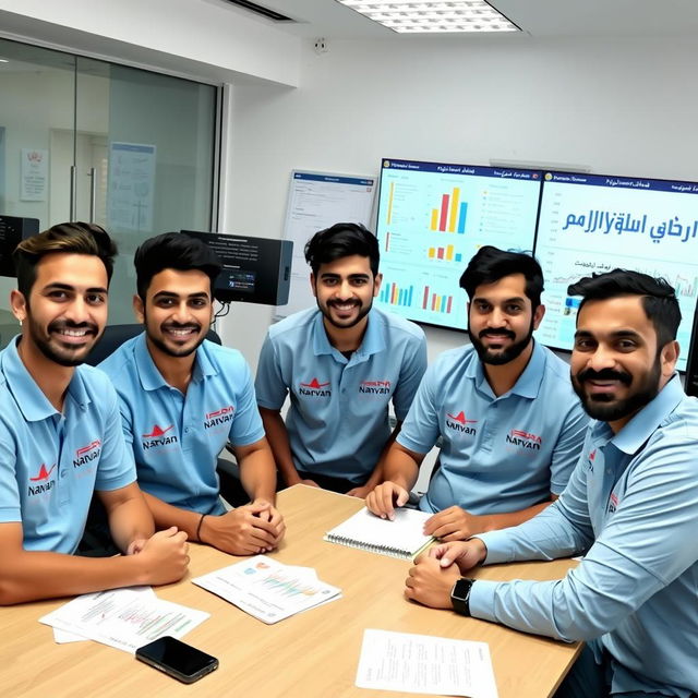 Five young Iranian male journalists with diverse, cheerful faces, wearing sky blue shirts featuring the Narvan logo, gathered around a table in a news office in Iran