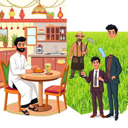 An appealing and culturally rich illustration featuring four distinct characters representing different professions from Bangladesh: a waiter, a plumber, a farmer, and a salesman