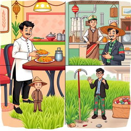 An appealing and culturally rich illustration featuring four distinct characters representing different professions from Bangladesh: a waiter, a plumber, a farmer, and a salesman