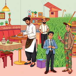 An appealing and culturally rich illustration featuring four distinct characters representing different professions from Bangladesh: a waiter, a plumber, a farmer, and a salesman