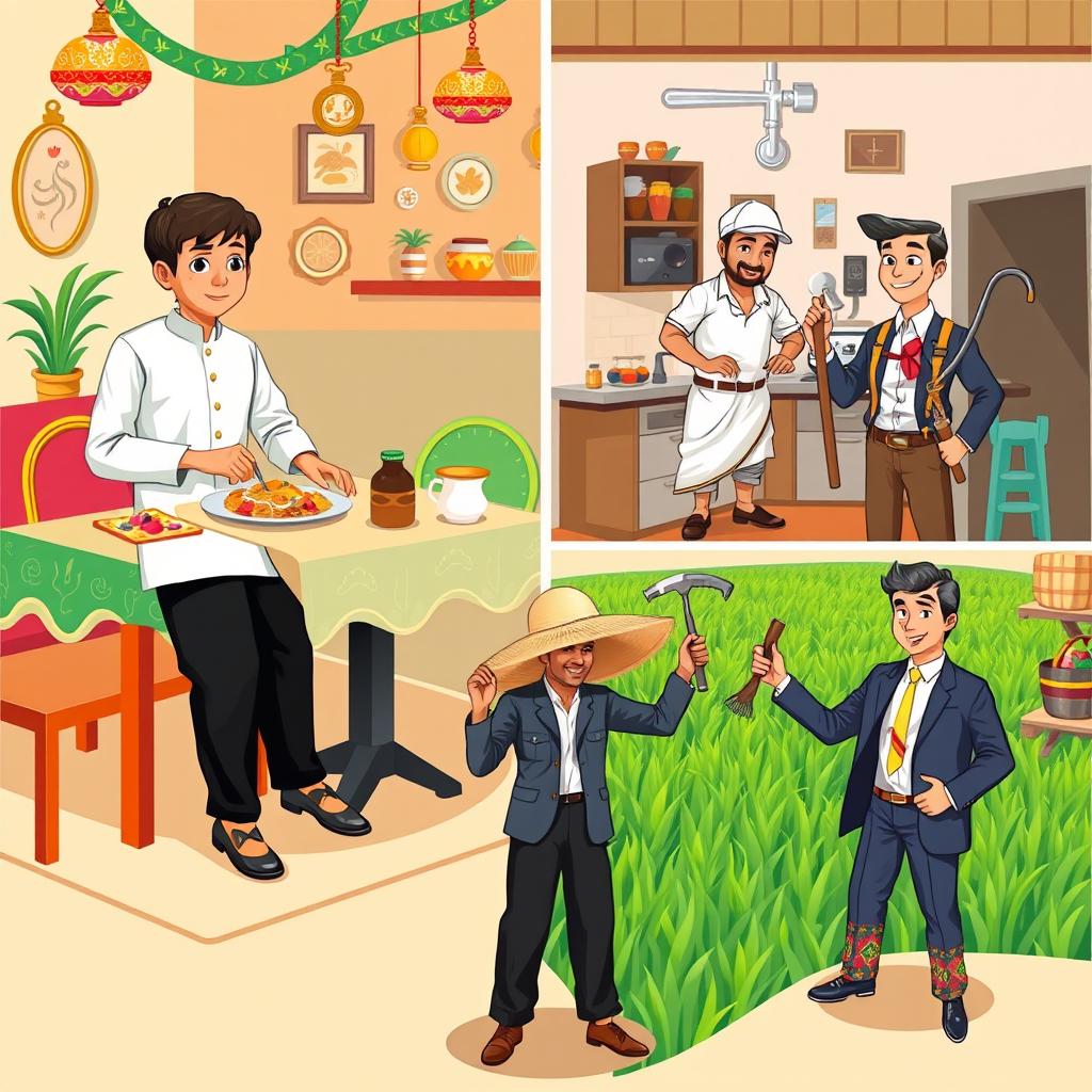 An appealing and culturally rich illustration featuring four distinct characters representing different professions from Bangladesh: a waiter, a plumber, a farmer, and a salesman