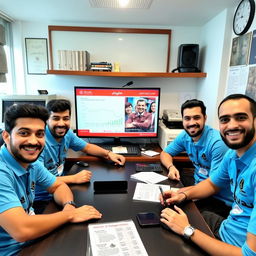 Five young Iranian male journalists with various cheerful and random facial expressions, sitting around a table in a news office in Iran