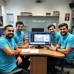 Five young Iranian male journalists with various cheerful and random facial expressions, sitting around a table in a news office in Iran