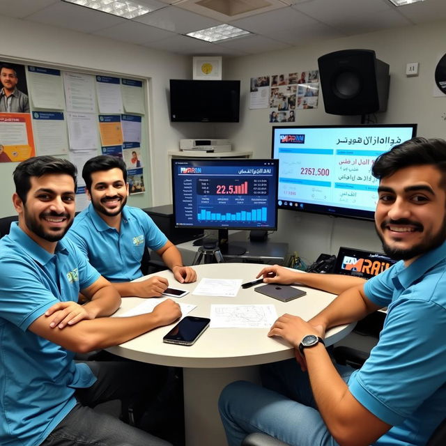 Five young Iranian male journalists with various cheerful and random facial expressions, sitting around a table in a news office in Iran