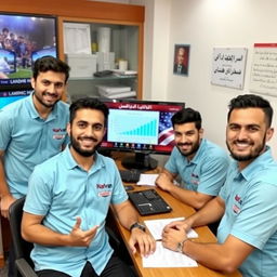 Five young Iranian male journalists with various cheerful and random facial expressions, sitting around a table in a news office in Iran