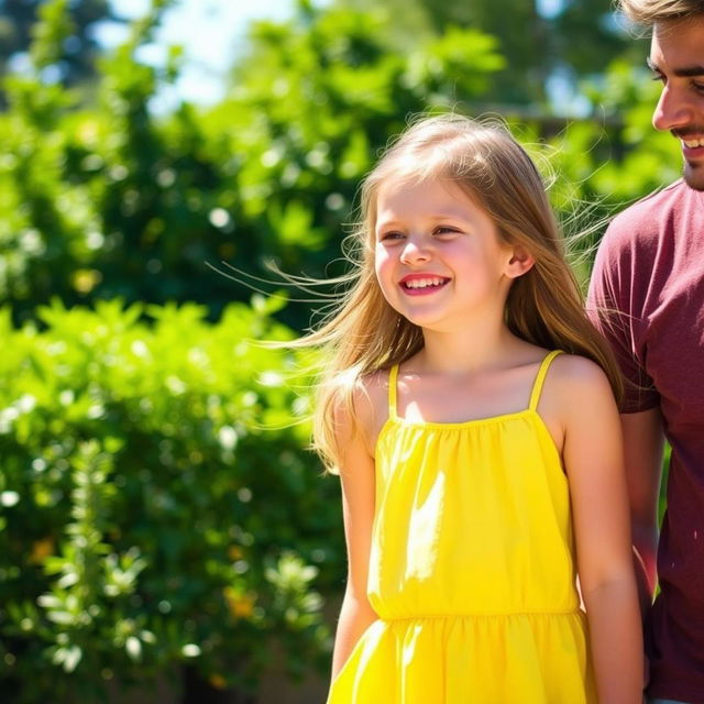 A cheerful girl standing next to a person, smiling and interacting in a friendly manner