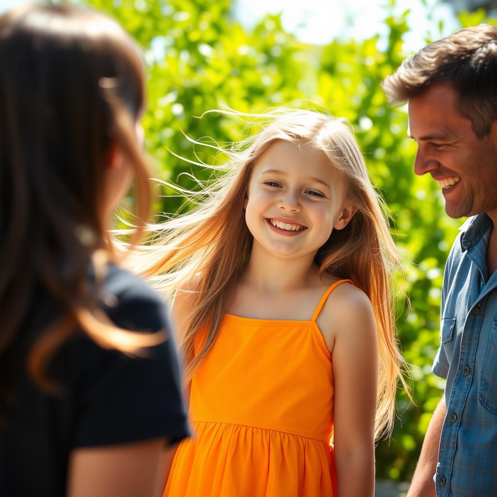 A cheerful girl standing next to a person, smiling and interacting in a friendly manner