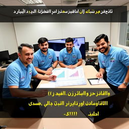Five young Iranian male journalists with varied, cheerful expressions gathered around a table in a news office in Iran