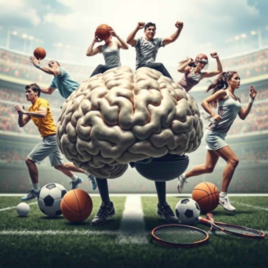 An artistic representation of a human brain surrounded by male and female sports players actively engaged in their respective sports, including a football player in uniform