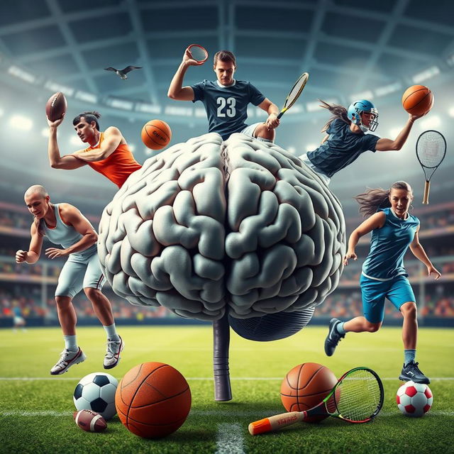 An artistic representation of a human brain surrounded by male and female sports players actively engaged in their respective sports, including a football player in uniform