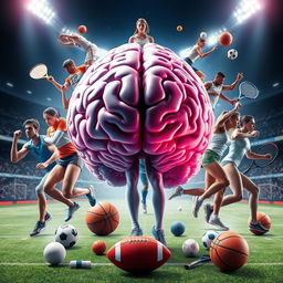 An artistic representation of a human brain surrounded by male and female sports players actively engaged in their respective sports, including a football player in uniform