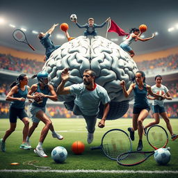 An artistic representation of a human brain surrounded by male and female sports players actively engaged in their respective sports, including a football player in uniform