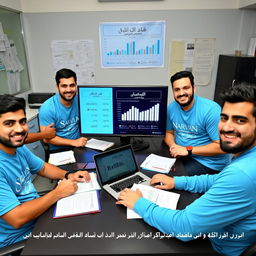 Five young Iranian male journalists with diverse, cheerful expressions, wearing sky blue shirts featuring the Narvan logo, sitting around a table in a news office in Iran